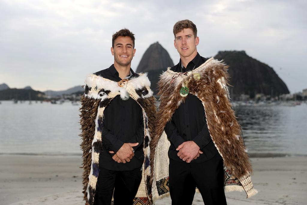 Blair Tuke and Peter Burling wearing the traditional kakahu (cloak) they will wear in the Opening Ceremony as team captains. © SW