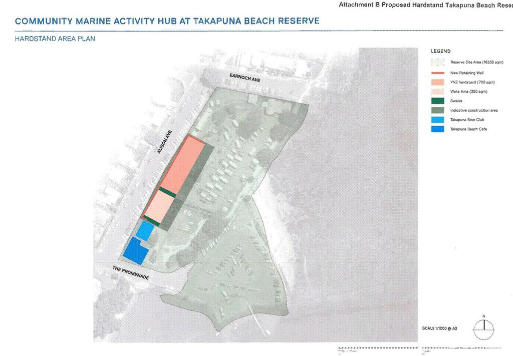 The proposal space (pink) to be used by Yachting New Zealand for hard stand at the Takapuna Beach Reserve. Waka Ama space is in Pink. TBC boat storage is in blue, as is the Takapuna Beach cafe. photo copyright SW taken at  and featuring the  class