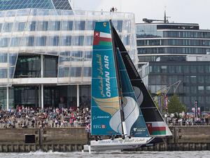 Oman Air fly past the crowds gathered in Hamburg's HafenCity for the second days racing. - 2016 Extreme Sailing Series™ photo copyright Lloyd Images taken at  and featuring the  class