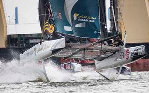 Oman Air literally take off on their foils. - 2016 Extreme Sailing Series™ photo copyright Lloyd Images taken at  and featuring the  class
