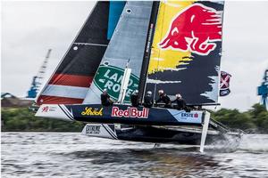 Act three, Cardiff 2016 - Day Three - Red Bull Sailing Team – So far in 2016 Oman Air and Red Bull Sailing Team have both secured podium spots at every Act, and heading into Hamburg, Oman Air maintain their lead, but Red Bull Sailing Team, skippered by double Olympic gold medallist Roman Hagara, are snapping at their heels. photo copyright Sportography.tv taken at  and featuring the  class