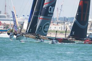 Land Rover BAR leads - America’s Cup World Series Portsmouth - Race Day 1, July 23, 2016 photo copyright Ingrid Abery http://www.ingridabery.com taken at  and featuring the  class