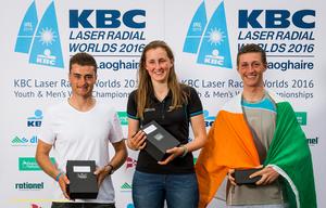 Dun Laoghaire Harbour, Saturday 30th July 2016:
Top Irish sailors Darragh O'Sullivan, Nicole Hemeryck and Ewan McMahon at the prize-giving for the KBC Laser Radial World Championships hosted by the Royal St. George Yacht Club and Dun Laoghaire Harbour.
Photograph:  David Branigan/Oceansport photo copyright David Branigan/Oceansport http://www.oceansport.ie/ taken at  and featuring the  class