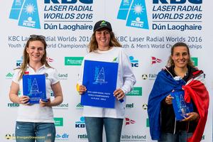 Dun Laoghaire Harbour, Saturday 30th July 2016:
Laser Radial Youth World Champion Zoe Thomson, Australia (centre) with Caroline Rosmo, Norway (left) and Louise Cervera, France (right) at the prize-giving for the KBC Laser Radial World Championships hosted by the Royal St. George Yacht Club and Dun Laoghaire Harbour.
Photograph:  David Branigan/Oceansport photo copyright David Branigan/Oceansport http://www.oceansport.ie/ taken at  and featuring the  class