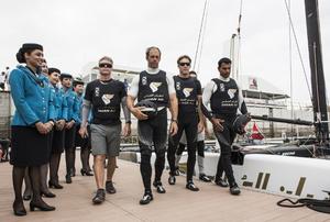Oman Air winning Act 1. skippered by Morgan Larson (USA) with team mates Pete Greenhalgh (GBR) Ed Smyth (NZL), Nasser Al Mashari (OMA) and James Wierzbowski - Extreme Sailing Series - Act 1 - Muscat Oman photo copyright Lloyd Images taken at  and featuring the  class