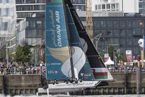 The Extreme Sailing Series. Act 4. Hamburg. Germany. 29th July 2016. Picture of Oman Sail skippered by Morgan Larson in action on day two of racing today photo copyright Lloyd Images taken at  and featuring the  class