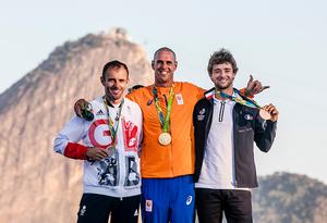 Pierre Le Coq (FRA), Nick Dempsey (GBR), Dorian van Rijsselberge (NED) in RS:X Men - 2016 Rio Olympic and Paralympic Games photo copyright Sailing Energy/World Sailing taken at  and featuring the  class