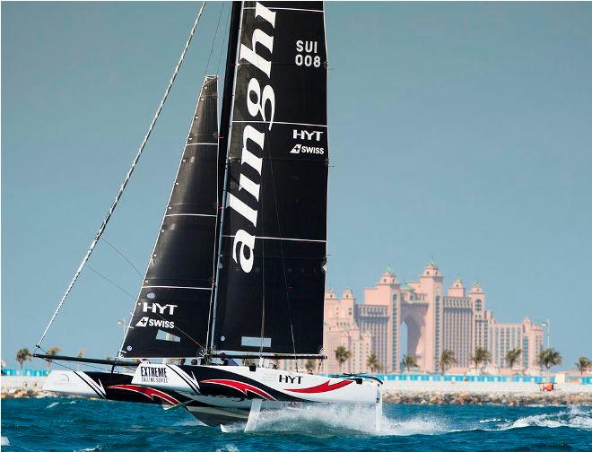 Launch - Dubai - Alinghi – One of the season favourites, and the only team to deprive Oman Air of an Act victory so far in the 2016 Series, Alinghi foil in Dubai in front of Atlantis The Palm Hotel. - Extreme Sailing Series © Lloyd Images