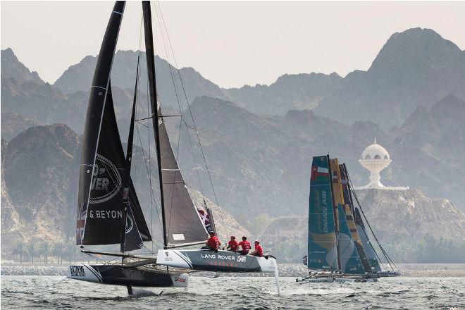 Act 1, Muscat 2016 - Day one - Land Rover BAR Academy – The fleet raced in Muscat, Oman, for the 2016 season opener, where the open water racing in front of Muscat's old town allowed the teams to stretch their legs in the foiling GC32s. - Extreme Sailing Series © Lloyd Images