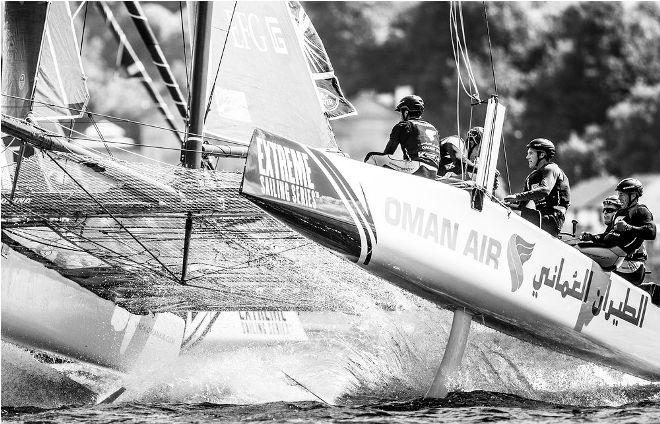 Act 3, Cardiff 2016 - Day 3 – The seemingly unstoppable Oman Air have taken three out of four Act victories so far with Morgan Larson at the helm. The team have their work cut out however with Red Bull Sailing Team and Alinghi hot on their heels. - Extreme Sailing Series © Lloyd Images