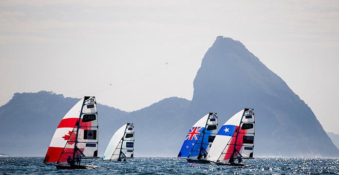 49er FX - Victoria Travascio / Maria Sol Branz (ARG); Erin Rafuse / Danielle Boyd (CAN); Francisca Arantza Gumucio / Begona Gumucio (CHI); Alex Maloney / Molly Meech (NZL) - 2016 Rio Olympic and Paralympic Games © Sailing Energy/World Sailing