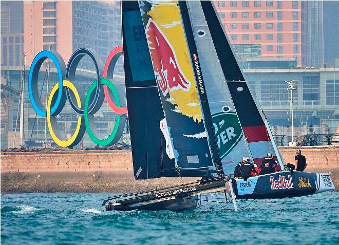 Act 2, Qingdao 2016 - Day 2 - Red Bull Sailing Team – The Austrians may be newer to the foiling game, but they have got competitive quickly. The team has finished on the podium at every Act so far this year taking second in Muscat and Cardiff, and third in Qingdao and Hamburg. © Aitor Alcalde Colomer