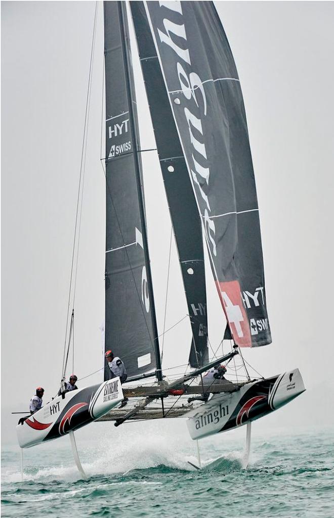 Act 2 champions, Alinghi, up on their foils during the final day of racing in Qingdao. Helmed by Arnaud Psarofaghis, the team chase Oman Air for that top spot. © Aitor Alcalde Colomer
