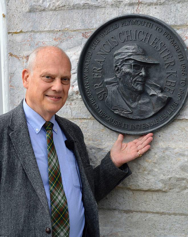 Giles Chichester, the son of Sir Francis Chichester with the bronze plaque commemorating Sir Francis Chichester's pioneering solo circumnavigation. © Barry Pickthall / PPL