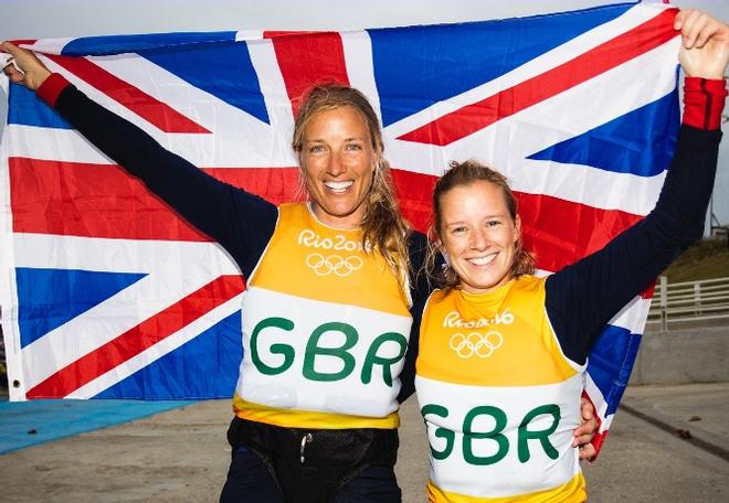 Hannah Mills and Saskia Clark (GBR) celebrate their victory – Rio 2016 Olympic Sailing Competition © Sailing Energy / World Sailing
