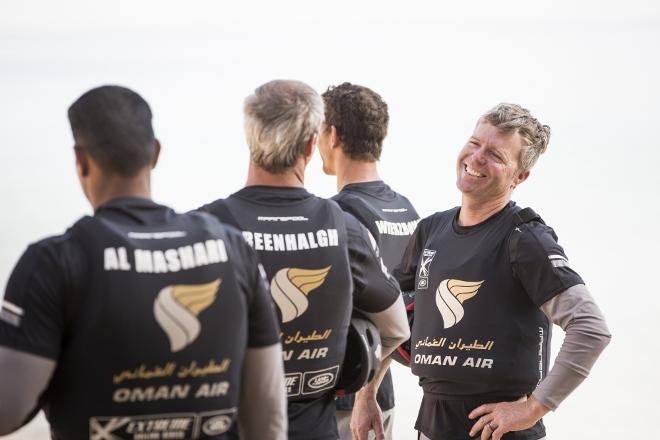 Extreme Sailing Series 2016. Act 1. Muscat Oman. Picture shows the Oman Air team skippered by Morgan Larson (USA) with team mates Pete Greenhalgh (GBR) Ed Smyth (NZL) , Nasser Al Mashari (OMA) and James Wierzbowski © Lloyd Images