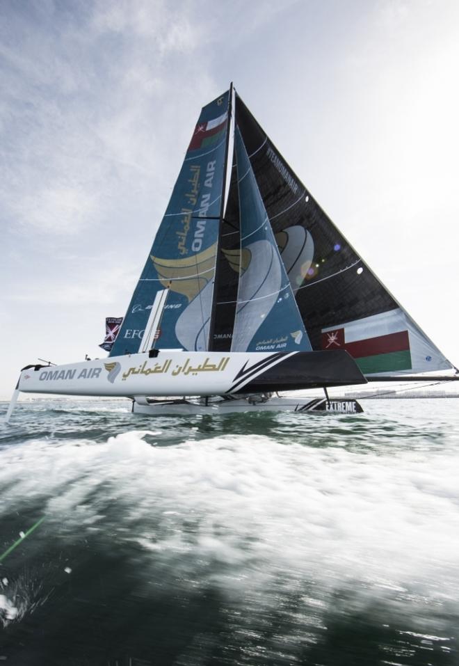 Extreme Sailing Series 2016. Act 1. Muscat Oman. Picture shows the Oman Air team skippered by Morgan Larson (USA) with team mates Pete Greenhalgh (GBR) Ed Smyth (NZL) , Nasser Al Mashari (OMA) and James Wierzbowski © Lloyd Images