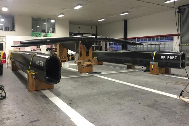 The 12 metre long after sections of a foreign team’s AC50 is poised to have the crossbeams fitted at Core Builders Composites in Warkworth, New Zealand. The Deed of Gift requires that the yachts be constructed in the country of their club. © Oracle Team USA http://www.oracleteamusa.com
