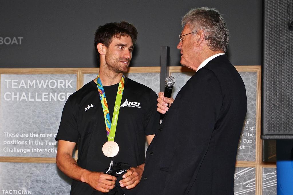 Peter Montgomery talks with Bronze Medalist Sam Meech (Laser) - Olympics 2016 - Day 12 - Auckland - NZ Sailors return home - August 24, 2016 photo copyright Richard Gladwell www.photosport.co.nz taken at  and featuring the  class