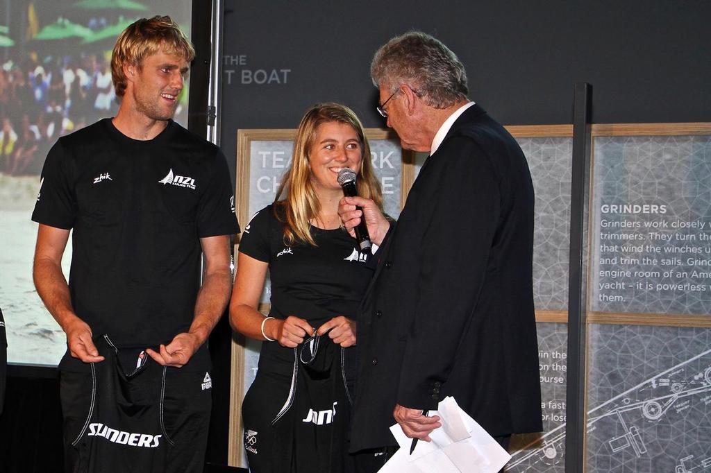Peter Montgomery talks with Jason Saunders and Gemma Jones (Nacra 17) - Olympics 2016 - Day 12 - Auckland - NZ Sailors return home - August 24, 2016 photo copyright Richard Gladwell www.photosport.co.nz taken at  and featuring the  class