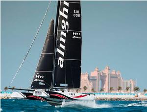 Launch - Dubai - Alinghi – One of the season favourites, and the only team to deprive Oman Air of an Act victory so far in the 2016 Series, Alinghi foil in Dubai in front of Atlantis The Palm Hotel. - Extreme Sailing Series photo copyright Lloyd Images taken at  and featuring the  class