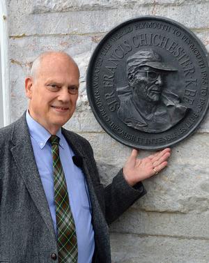 Giles Chichester, the son of Sir Francis Chichester with the bronze plaque commemorating Sir Francis Chichester's pioneering solo circumnavigation. photo copyright Barry Pickthall / PPL taken at  and featuring the  class