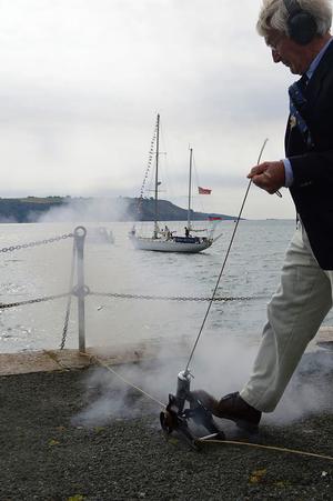 The Royal Western Yacht Club re enacted the start from the harbour wall, with GIPSY MOTH IV stationed offshore. photo copyright Barry Pickthall / PPL taken at  and featuring the  class
