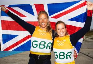 Hannah Mills and Saskia Clark (GBR) celebrate their victory – Rio 2016 Olympic Sailing Competition photo copyright Sailing Energy / World Sailing taken at  and featuring the  class