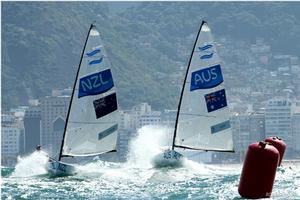 Finn fleet at Rio 2016 Olympic Sailing Competition photo copyright  Robert Deaves taken at  and featuring the  class