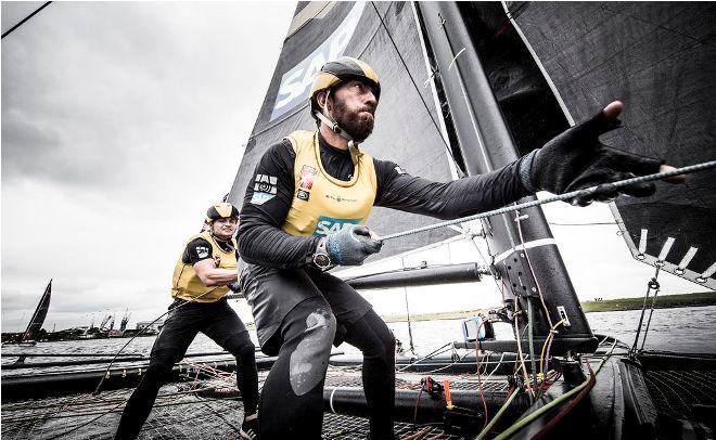 Act 3, Extreme Sailing Series Cardiff – Day 4 – SAP Extreme Sailing Team's bowman, Portuguese sailor Renato Conde, looks forward to competing against the Portuguese-flagged team in the sixth Act. © Lloyd Images