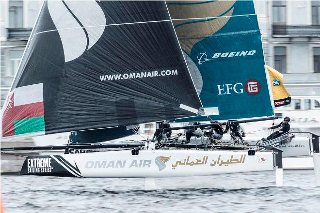 Act 5, Extreme Sailing Series Saint Petersburg – Day 1 – Oman Air fly along the Neva River, where the team finished in third position on the opening day. © Lloyd Images