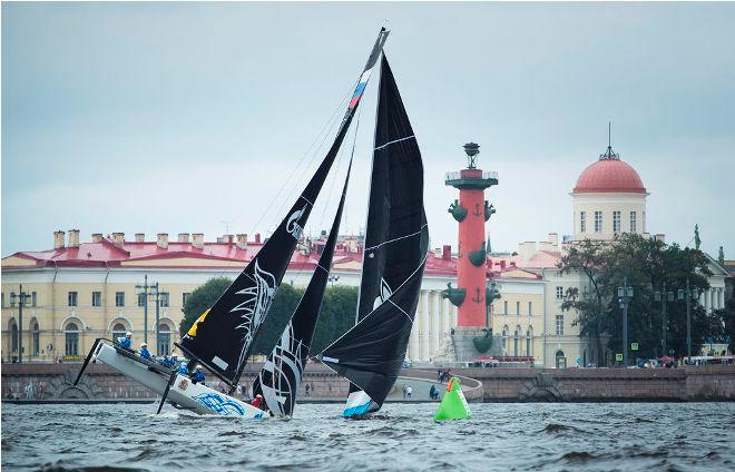 Act 5, Extreme Sailing Series Saint Petersburg – Day 1 – Gazprom Team Russia nose dive during a race on the opening day on the team's home waters. © Lloyd Images