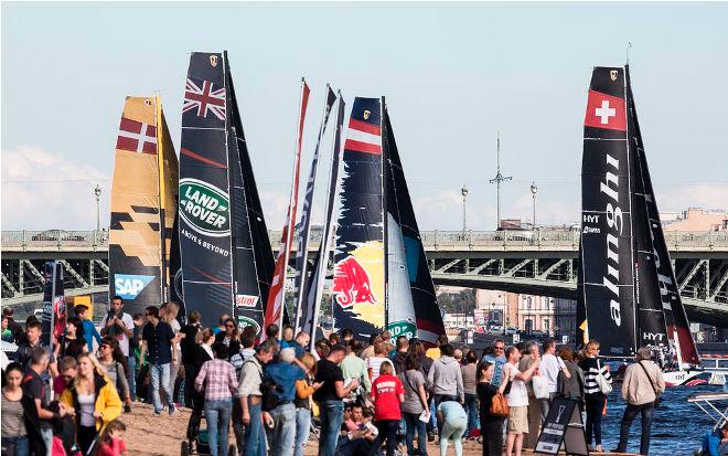 Act 5, Extreme Sailing Series Saint Petersburg – Day 3 – The fleet of hydro-foiling GC32 catamarans will make their debut on the waters just off the coast of Marina Funchal, where spectators will have front row seats for the action from the Race Village. © Lloyd Images