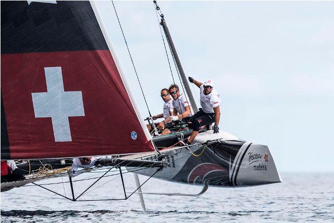 Act 6, Extreme Sailing Series Madeira Islands – Day 2 – Alinghi applied the pressure on Act leaders Red Bull Sailing Team on the second day in the Madeira Islands. © Lloyd Images