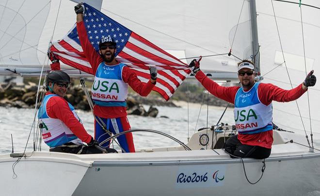 Rick Doerr (Clifton, N.J., left), Hugh Freund (South Freeport, Maine, center) and Brad Kendell (Tampa, Fla., right) secure silver at Rio 2016.  © Thomas Lovelock OIS/IOC