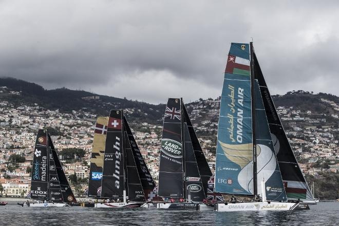 Act 6, Extreme Sailing Series Madeira Islands – Day 2 – The fleet of GC32 catamarans during the second day of racing in the Madeira Islands. © Lloyd Images