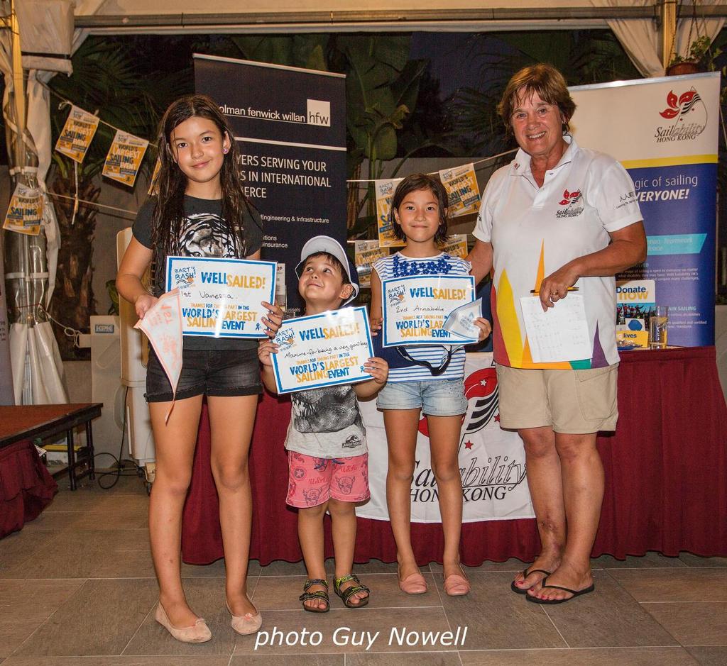 It's a family affair: Vanessa and Annabelle Dubreuil and little brother Maximilian (who got a certificate for spectating!) and Kay Rawbone, Sailability (HK). Bart's Bash 2016 by Sailability (HK).  © Guy Nowell http://www.guynowell.com