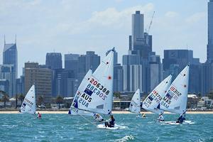 Laser Radial / Fleet action - ISAF Sailing World Cup - Melbourne, St Kilda sailing precinct, Victoria Port Phillip Bay Thursday 10 Dec 2015 photo copyright Jeff Crow/ Sport the Library http://www.sportlibrary.com.au taken at  and featuring the  class