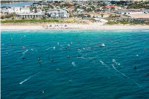 Aerial racing into Leighton Beach - Red Bull Lighthouse to Leighton Kiteboard Race photo copyright Bright Communications taken at  and featuring the  class