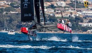 Sebastien Schneiter helming the GC32 for the first time in Sotogrande, Spain - GC32 La Reserva de Sotogrande Cup photo copyright Jesus Renedo / GC32 Racing Tour taken at  and featuring the  class