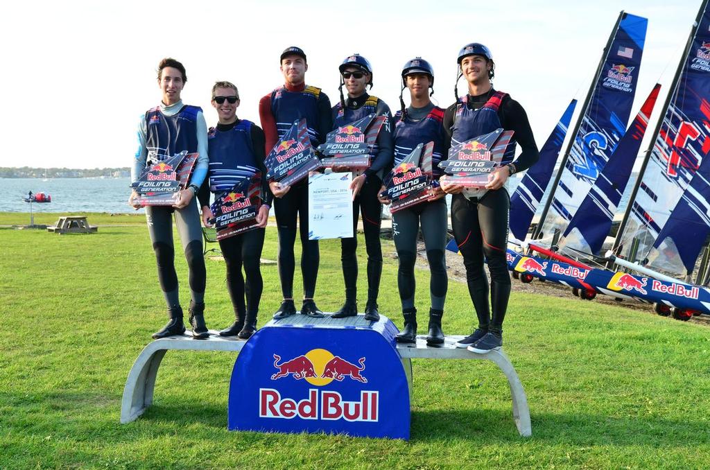 The podium finishers for the Red Bull Foiling Generation USA Championships... on the right 3rd place Luke Muller and Nicolas Muller of Florida, on the left, 2nd place Aidan Doyle and Neil Marcellini from California and center 1st place & Winners of the event Quinn Wilson and Riley Gibbs - Red Bull Foiling Generation USA Championships 2016 photo copyright John Lincourt taken at  and featuring the  class