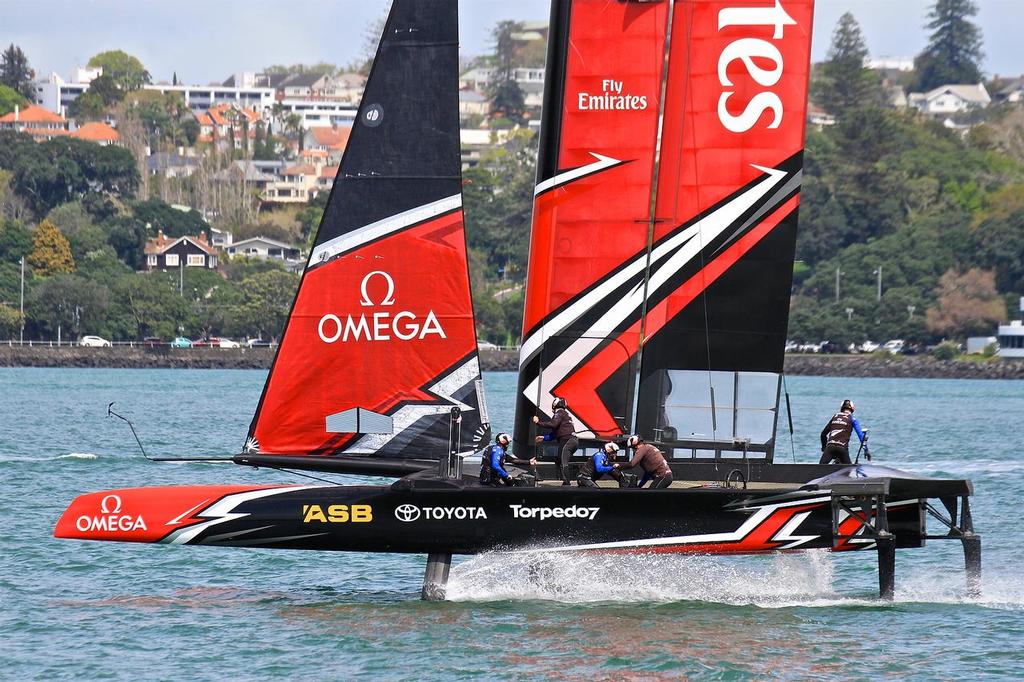 Emirates Team NZ - Sail past - AC45S October 4, 2016 - No-one steering foiling gybe photo copyright Richard Gladwell www.photosport.co.nz taken at  and featuring the  class