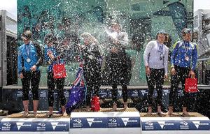 49er FX podium on final day of ISAF Sailing World Cup Melbourne 2015 photo copyright Daniel Smith / World Sailing taken at  and featuring the  class