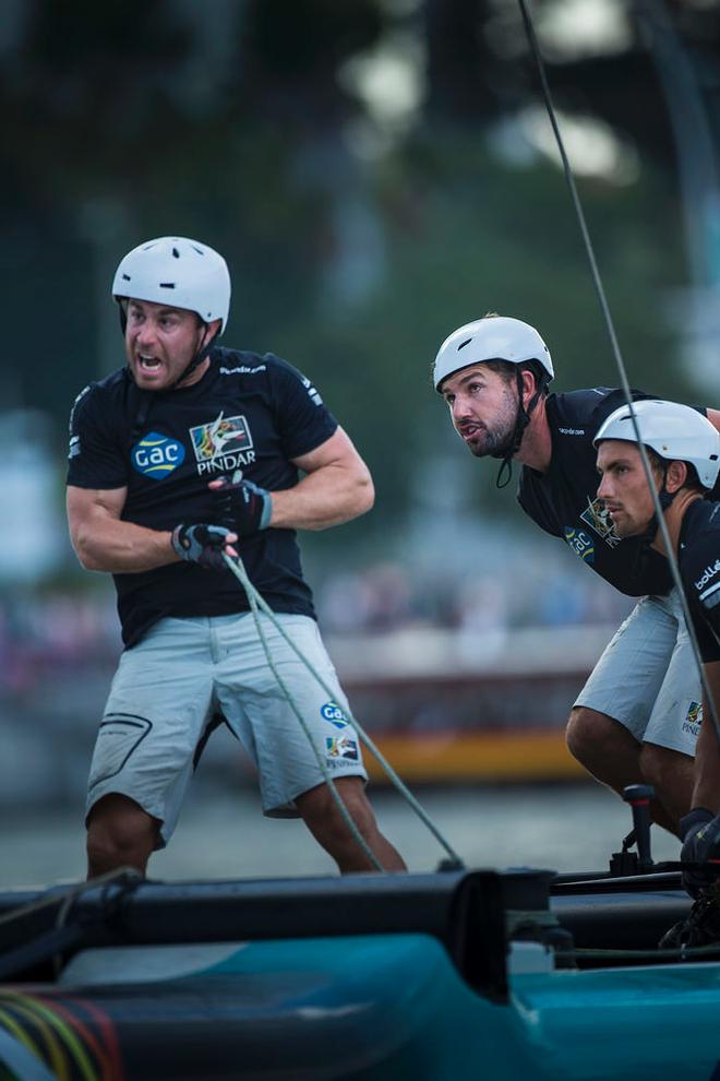 Act 1, Extreme Sailing Series Singapore 2015 – Day 2 – Both Marcus Ashley-Jones and Seve Jarvin competed onboard GAC Pindar, giving them valuable Stadium Racing experience. © Lloyd Images