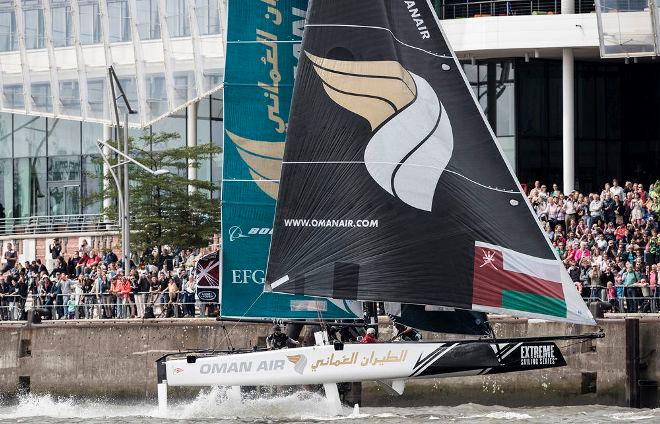 Act 4, Extreme Sailing Series Hamburg – Day 3 – Oman Air Foiling – The final showdown promises to draw crowds of spectators to the shores of Sydney Harbour to get a glimpse of the action. © Lloyd Images