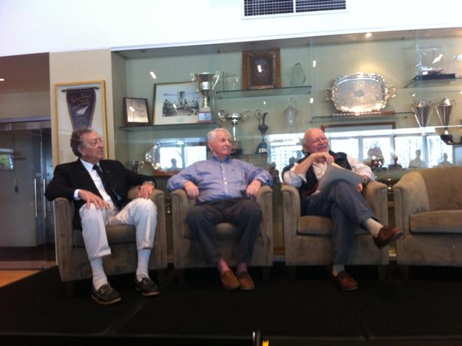 (L to R) Sir James Hardy, Syd Fischer and author David Salter at the launch of Ragamuffin Man at the Cruising yacht Club of Australia © David Salter