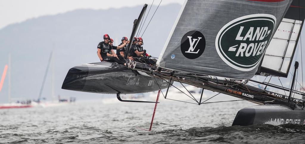 The LandRover BAR British Americas Cup Team skippered by Ben Ainslie shown here in action on the first day of racing. photo copyright  Harry KH / Land Rover BAR taken at  and featuring the  class