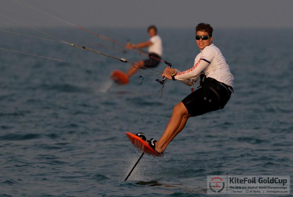 Slovenian Toni Vodisek on fire at 2016 IKA KiteFoil GoldCup, Qatar - Day 2 photo copyright Shah Jahan taken at  and featuring the  class