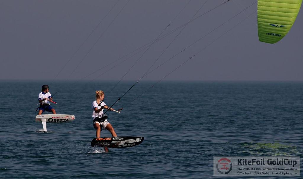 Elena Kalinina battling with Maxime Nocher - IKA KiteFoil Gold Cup Qatar © Shah Jahan