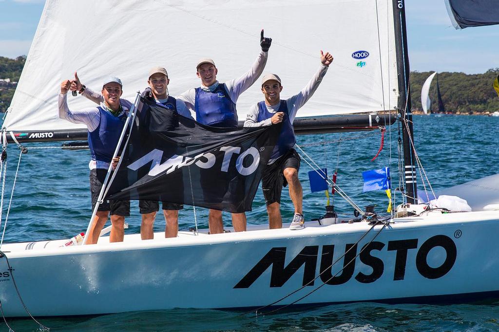 Time to celebrate - Harry Price, Harry Morton, Sam Ellis, Jack Hubbard after their win - Musto Interational Youth Match Racing Championships photo copyright Andrea Francolini taken at  and featuring the  class